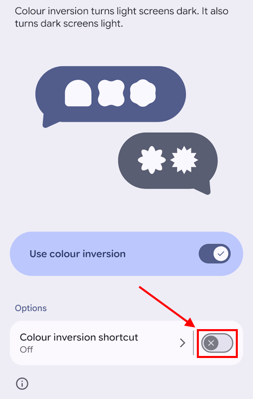 Tap the toggle switch for Colour inversion shortcut to turn it on